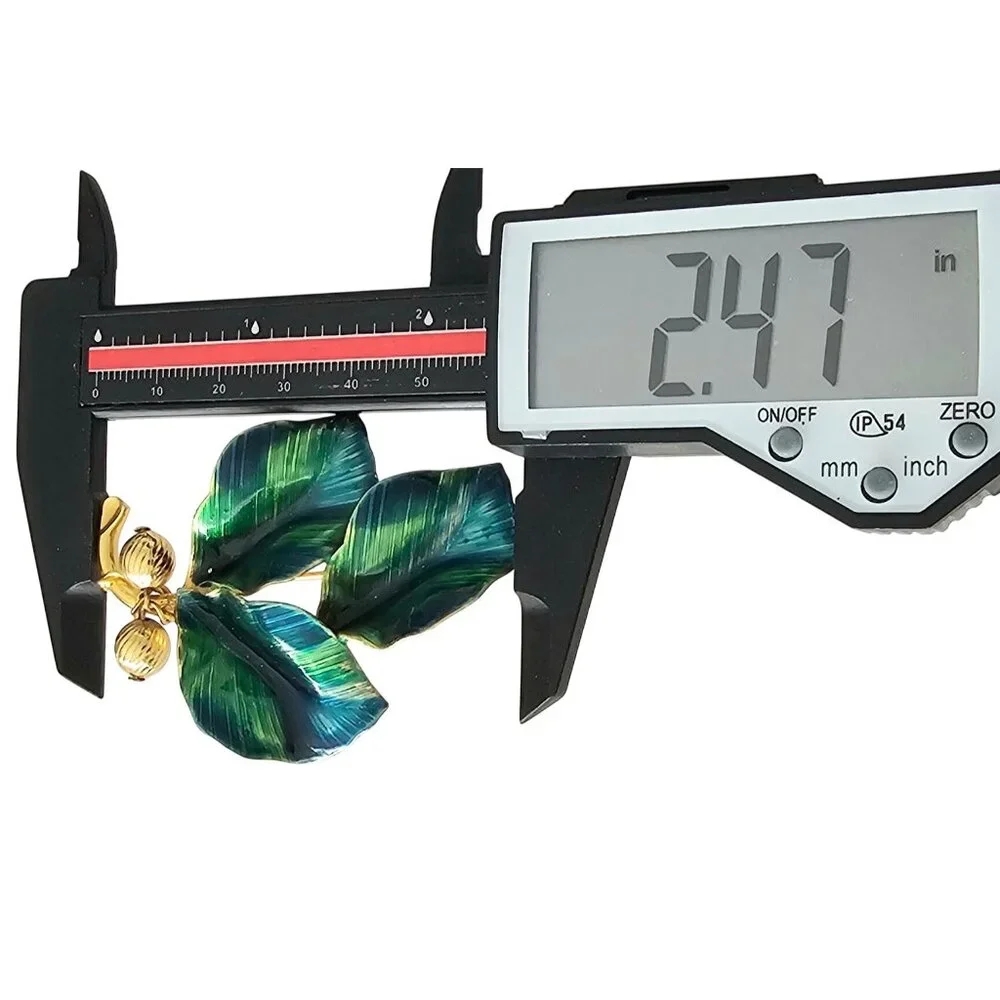Blue Green Vintage Leaves Brooch Brass Bead Enamel Wired Leaf Pin J319